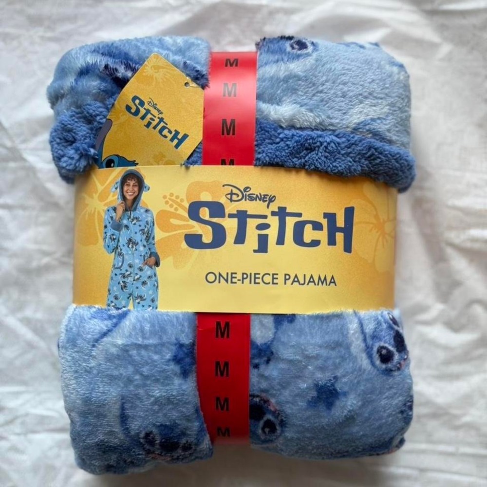 Disney Stitch Womens One-Piece Pajama Plush Fleece Hooded Union Suit Blue Medium